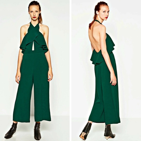Zara Pants - Zara Emerald Green Ruffle Jumpsuit Size M
